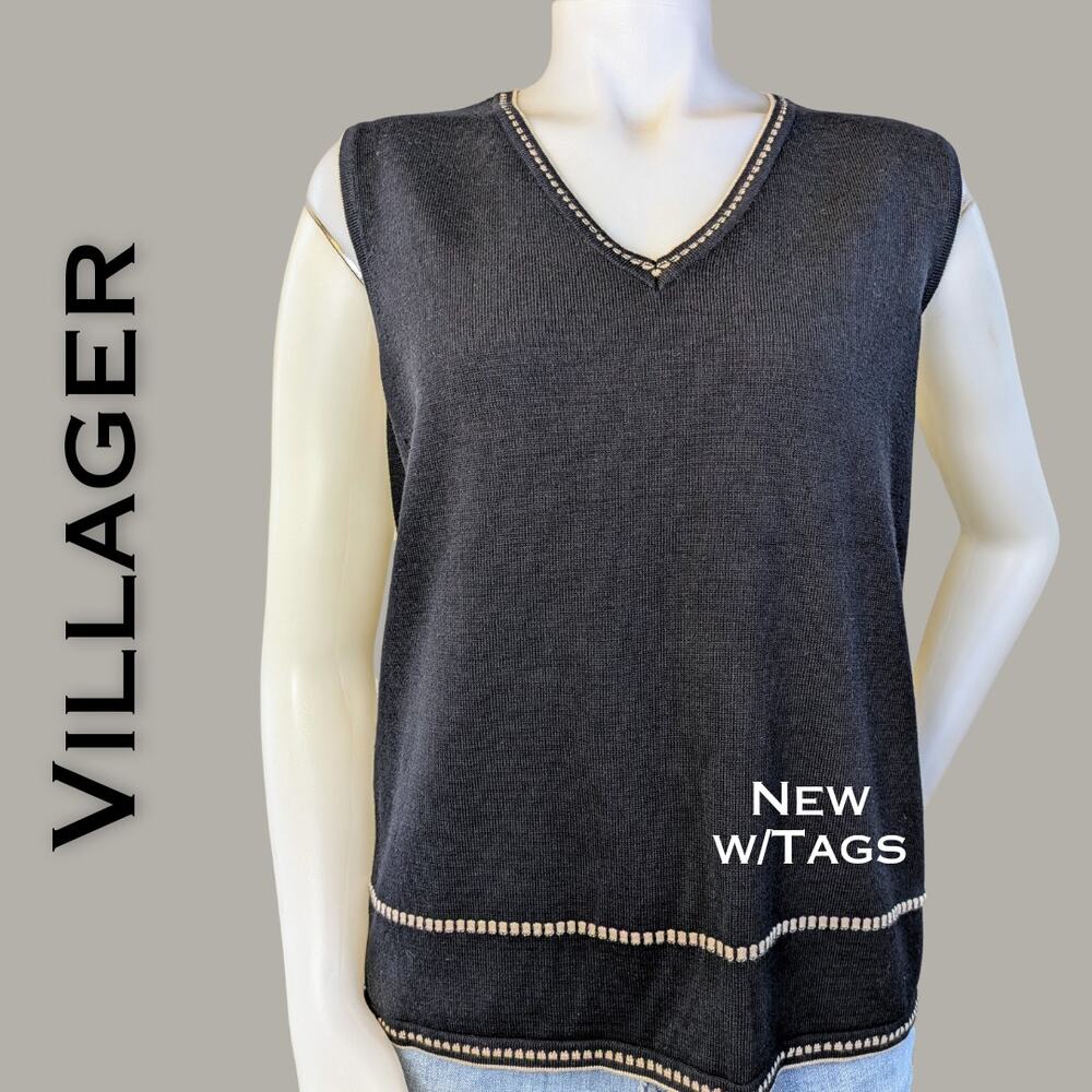 Villager Liz Claiborne Sweater Shell XL Black Tan Stripe Sleeveless V-Neck NEW